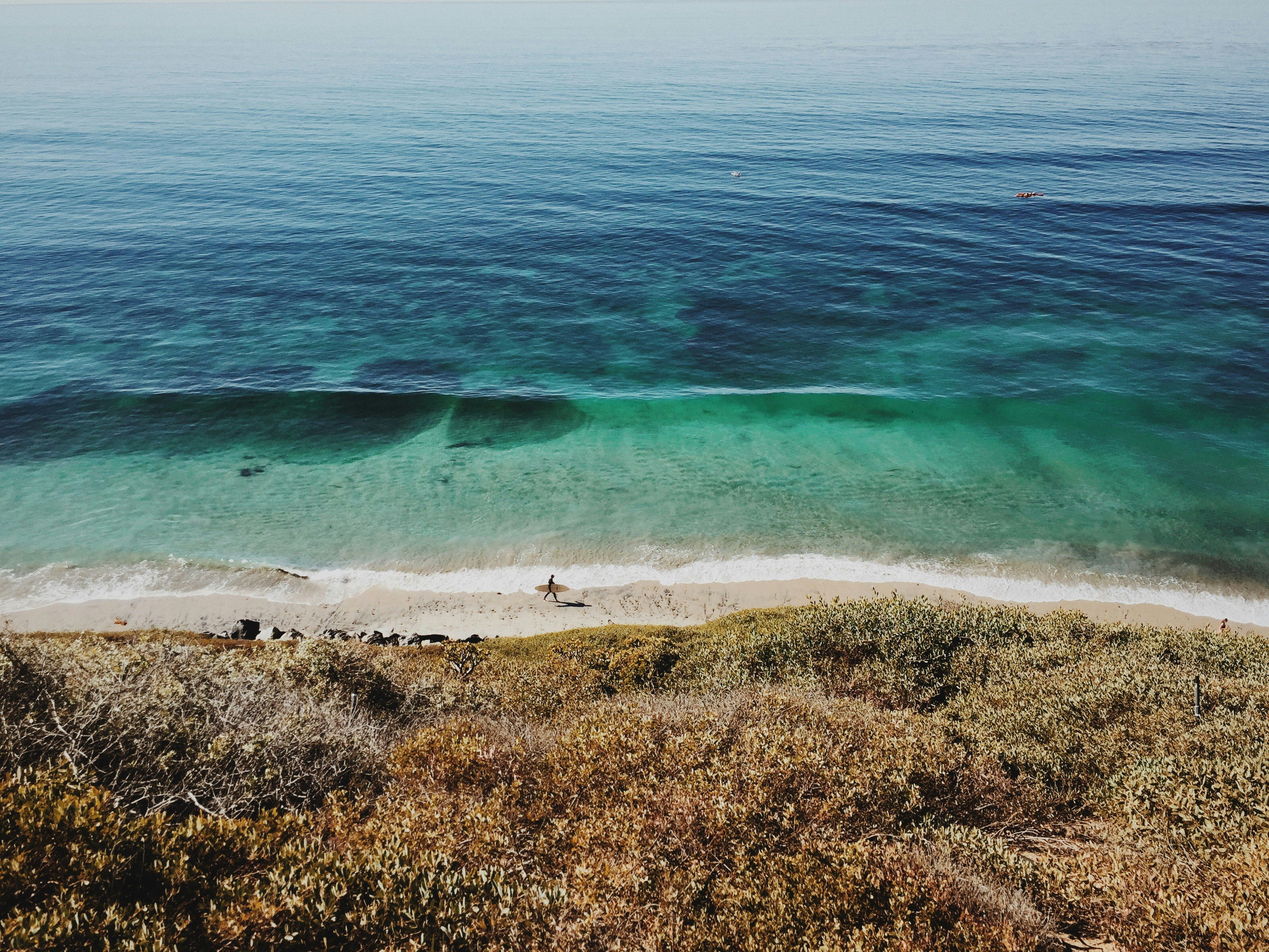 aerial photo of ocean and brown grass field photo taken during daytime